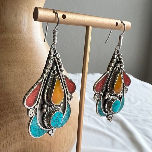 Tribal Boho Style Tibetan Silver Turquoise Coral Copal Amber Inlay Earrings - Picture 9 of 12